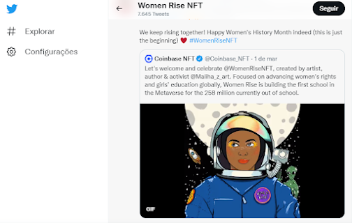 Projeto Women Rise NFT no Twitter
