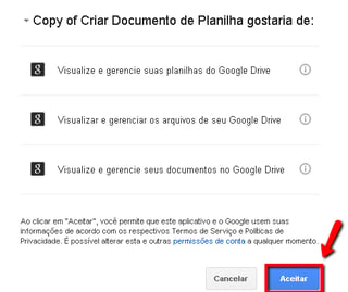 Autorizar app de planilha do Google Docs/Drive. Tela 2